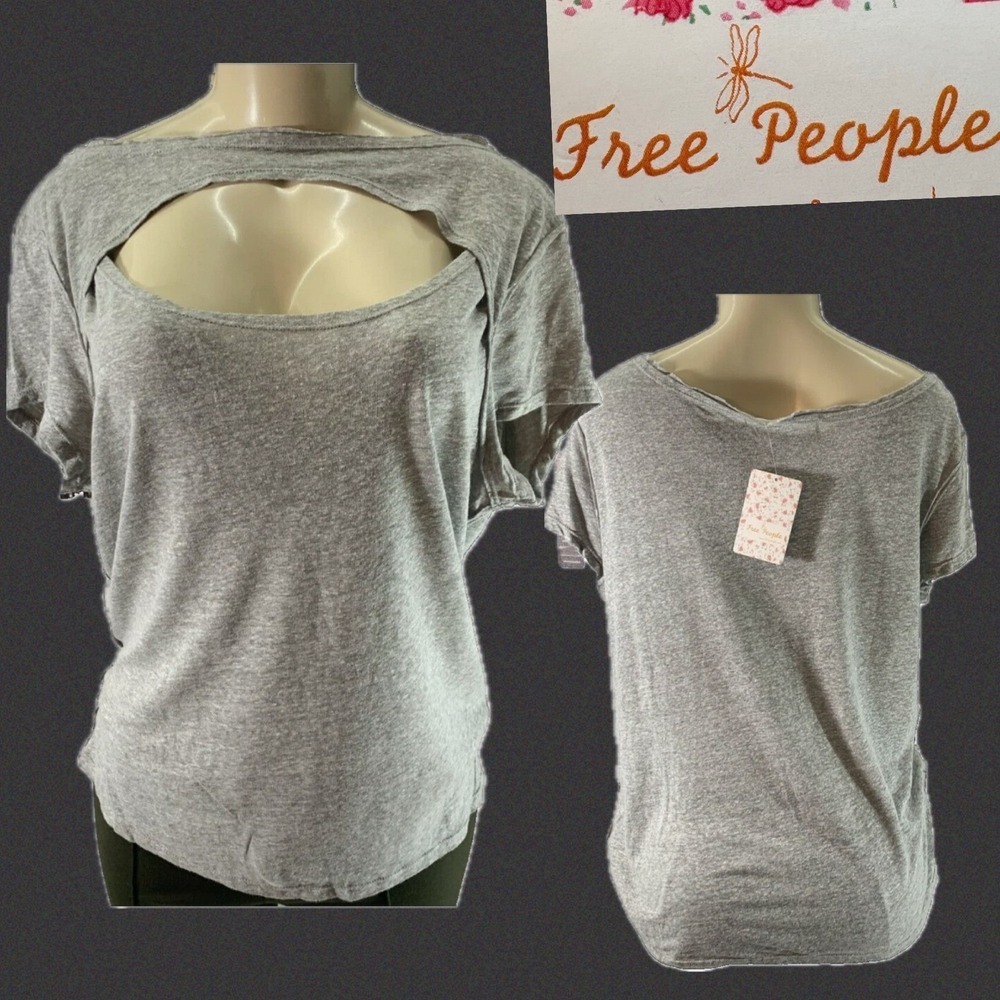 Free People We The Free Heather Gray Cut-Out Scoop Neckline Tee Short Sleeve S